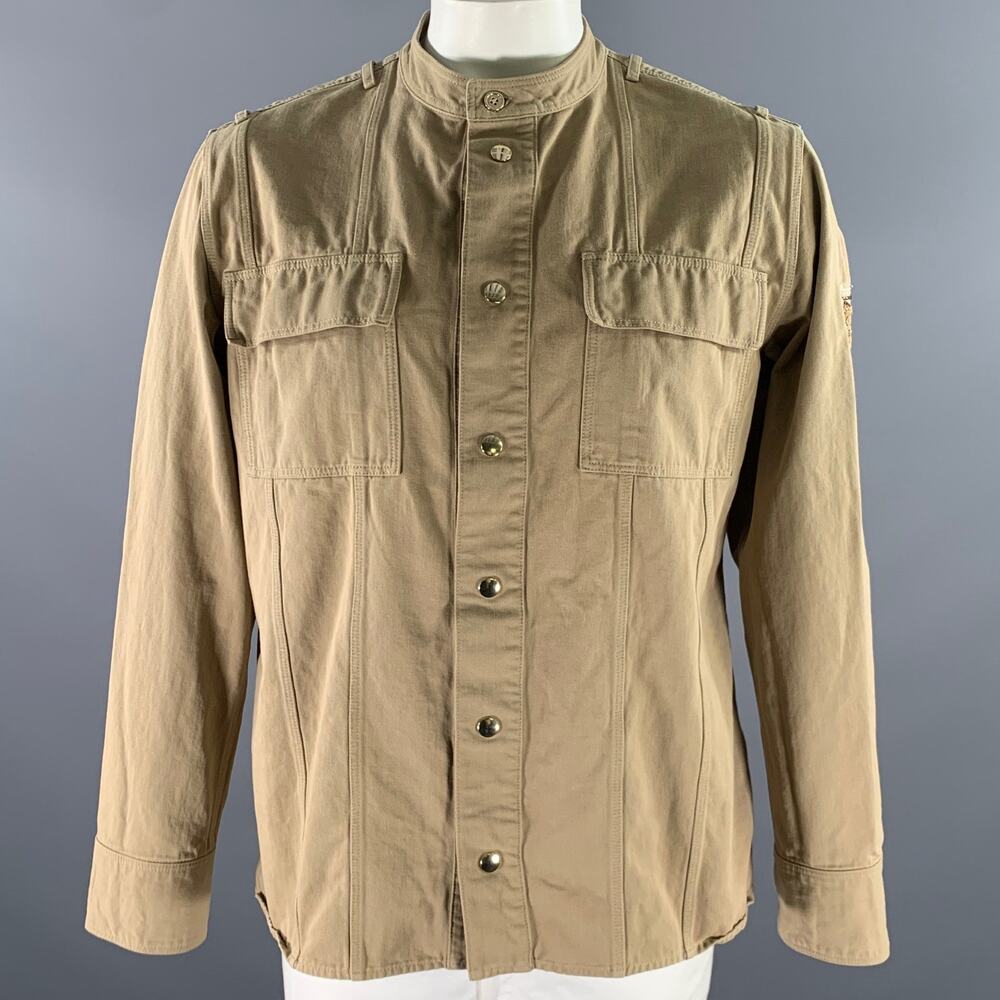 BALMAIN Size XL Khaki Arm Patch Cotton Band Collar Jacket